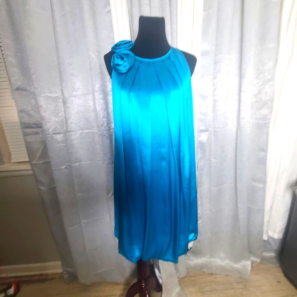 ABS collection teal satin dress with flowers on shoulder. Size 14